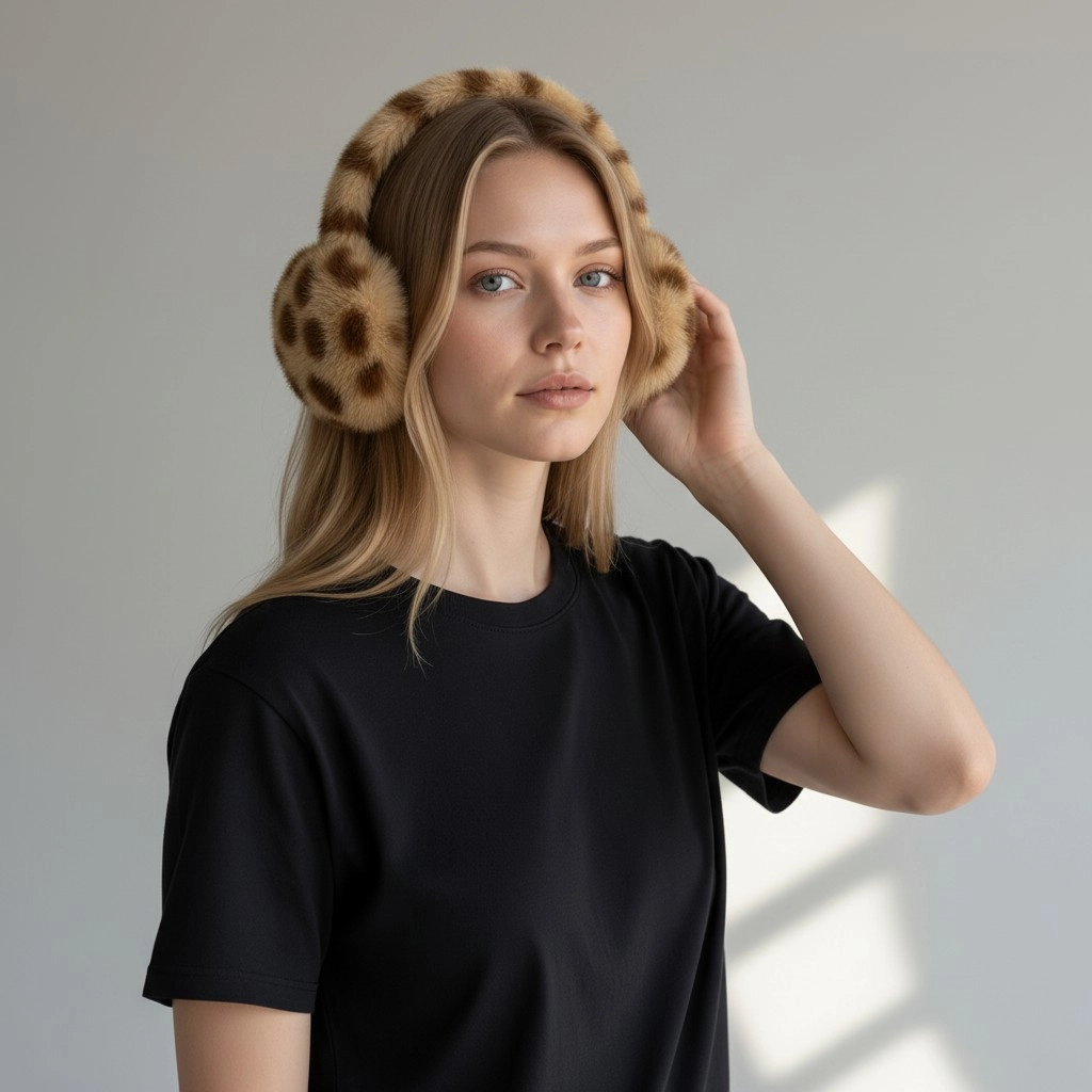 Yumuşak Peluş Kadın Leopar Desenli Kulak Koruyucu