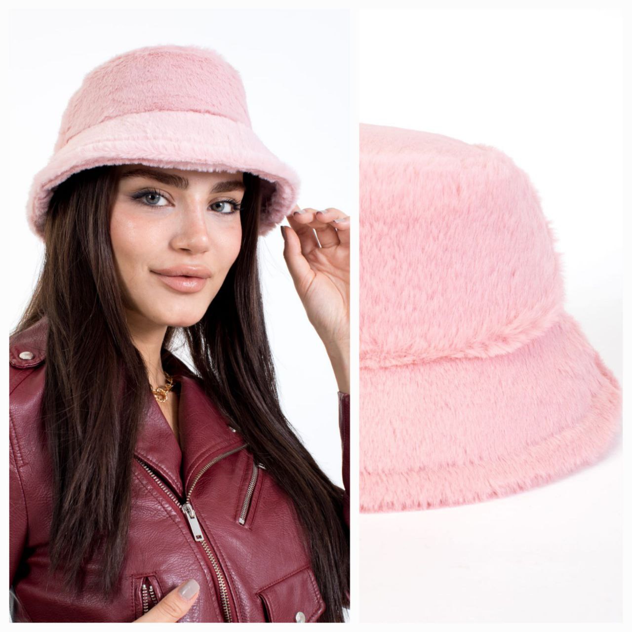 Pembe Tavşan Tüyü Peluş Bucket Kova Moda Kadın Kışlık Şapka