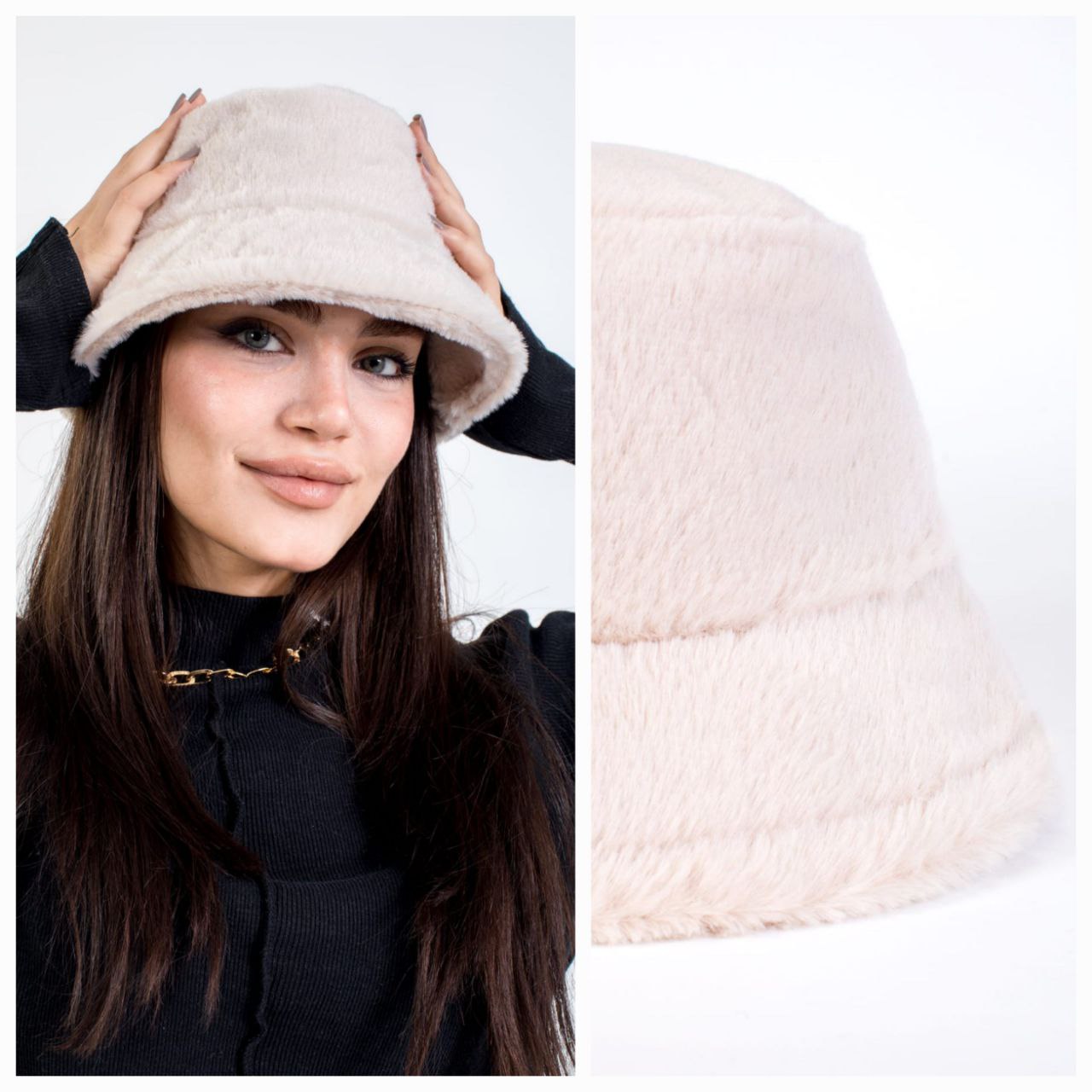 Krem Tavşan Tüyü Peluş Bucket Kova Moda Kadın Kışlık Şapka