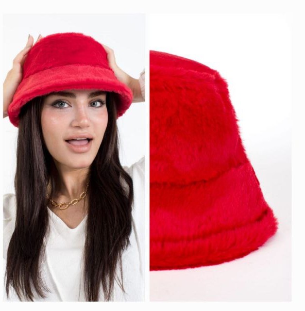 Kırmızı Tavşan Tüyü Peluş Bucket Kova Moda Kadın Kışlık Şapka