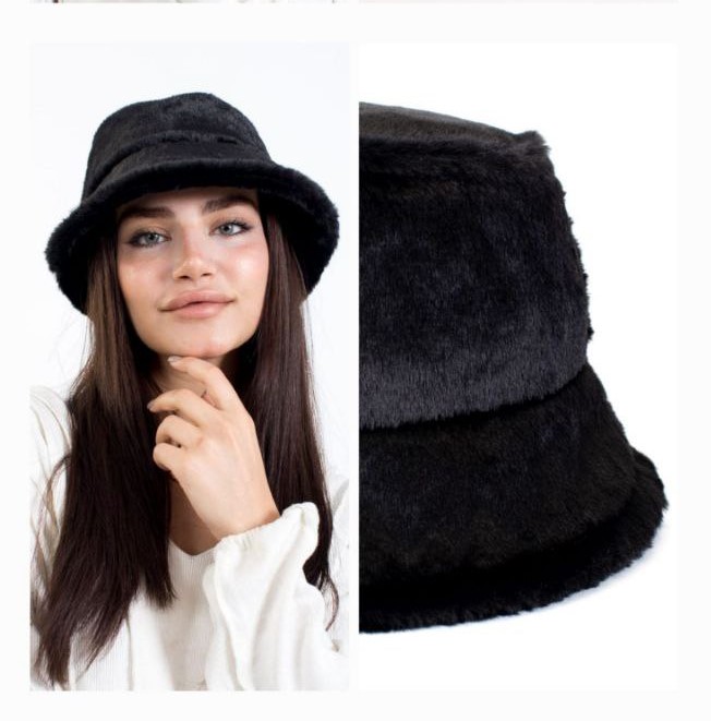 Siyah Tavşan Tüyü Peluş Bucket Kova Moda Kadın Kışlık Şapka