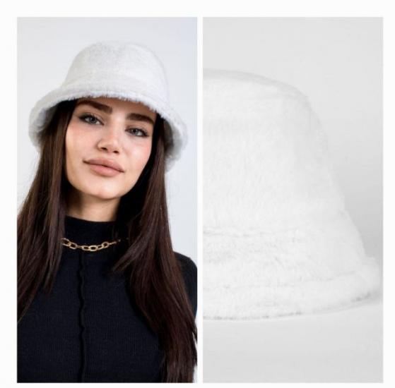 Beyaz Tavşan Tüyü Peluş Bucket Kova Moda Kadın Kışlık Şapka