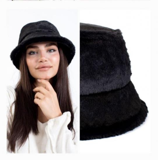 Siyah Tavşan Tüyü Peluş Bucket Kova Moda Kadın Kışlık Şapka