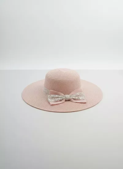 Kadın Pembe Geniş Hasır Şapka İthal Fiyonklu Plaj Yazlık Güneş Şapkası
