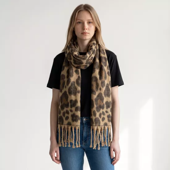 Kadın Leopar Desenli Saçaklı Yumuşak Dokulu Atkı 45x190 cm