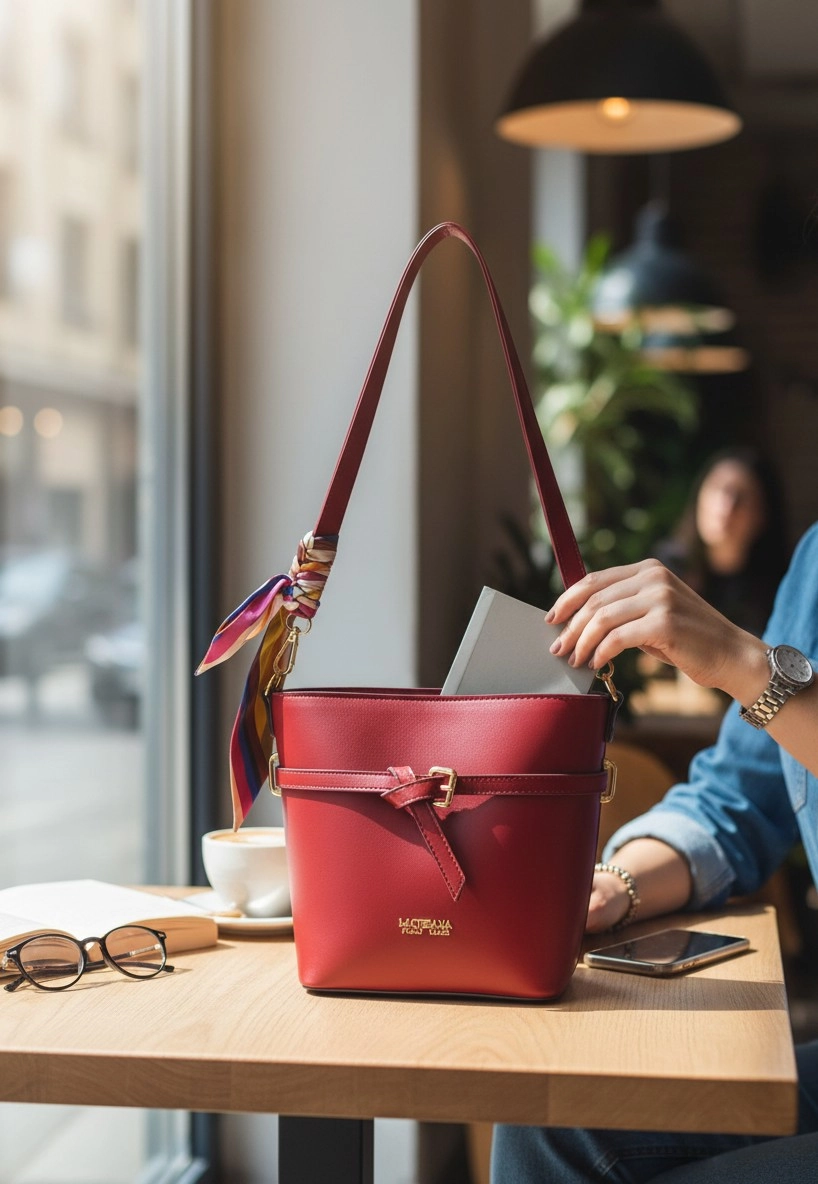 Kadın Bordo Fularlı El ve Omuz Çantası - Toka Detaylı, Çapraz Askılı Baget Çanta