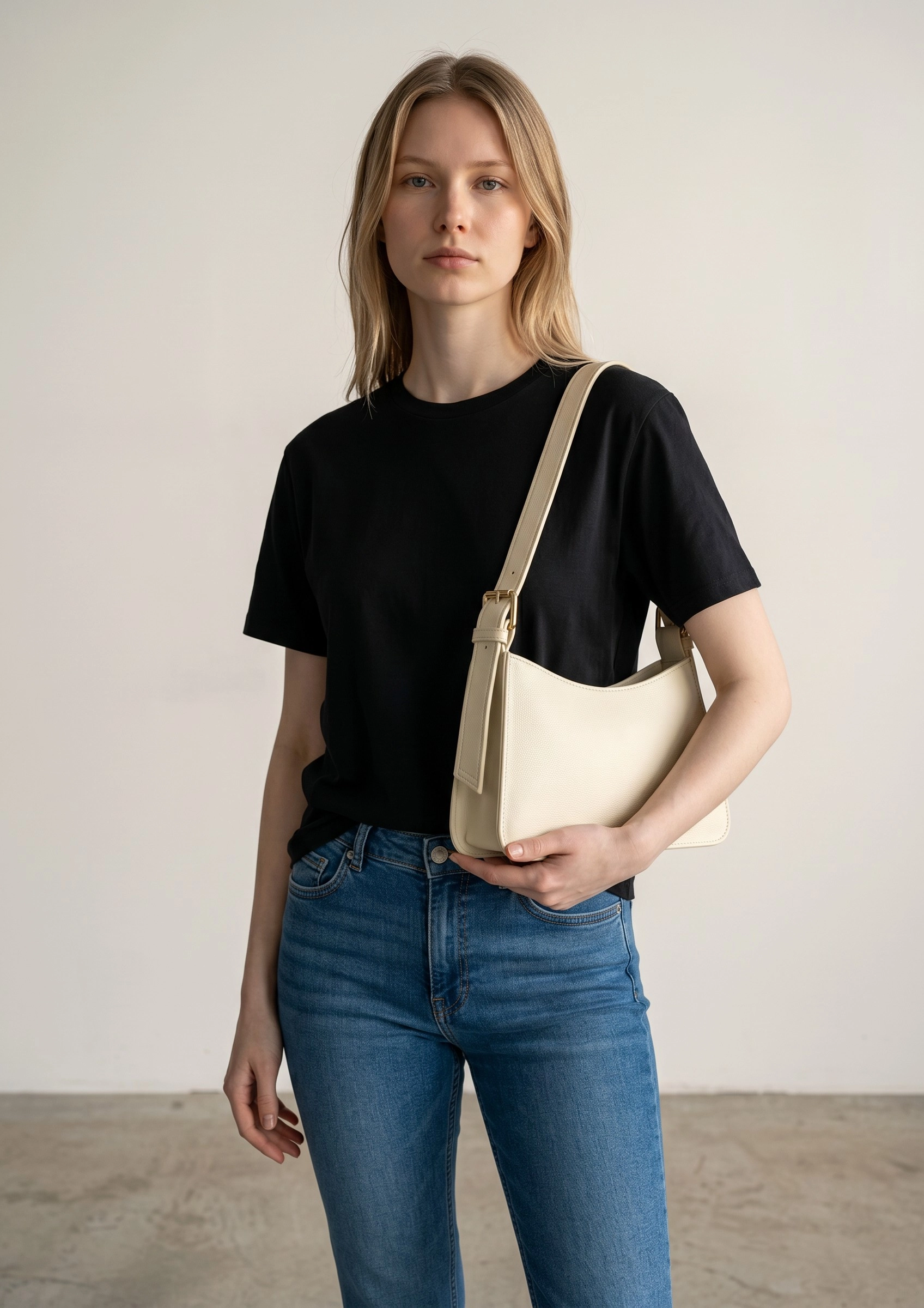 Kadın Krem Minimalist Baget Omuz Çantası