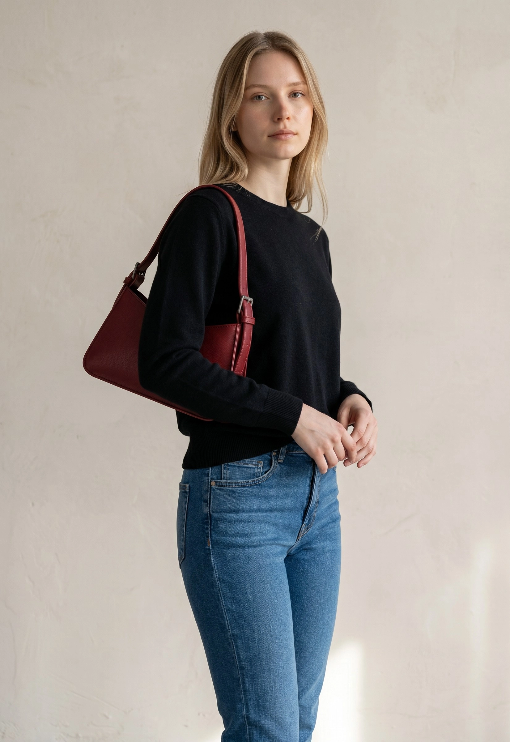 Kadın Bordo Minimalist Baget Omuz Çantası